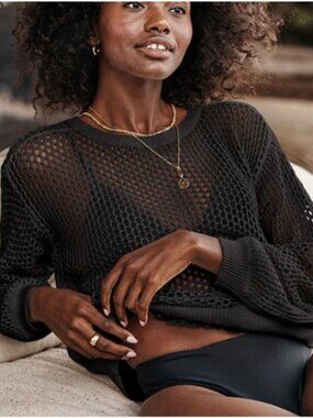 Summersalt Women’s Black Fishnet Crew Neck Open Knit Cover Up Swimwear Size XL